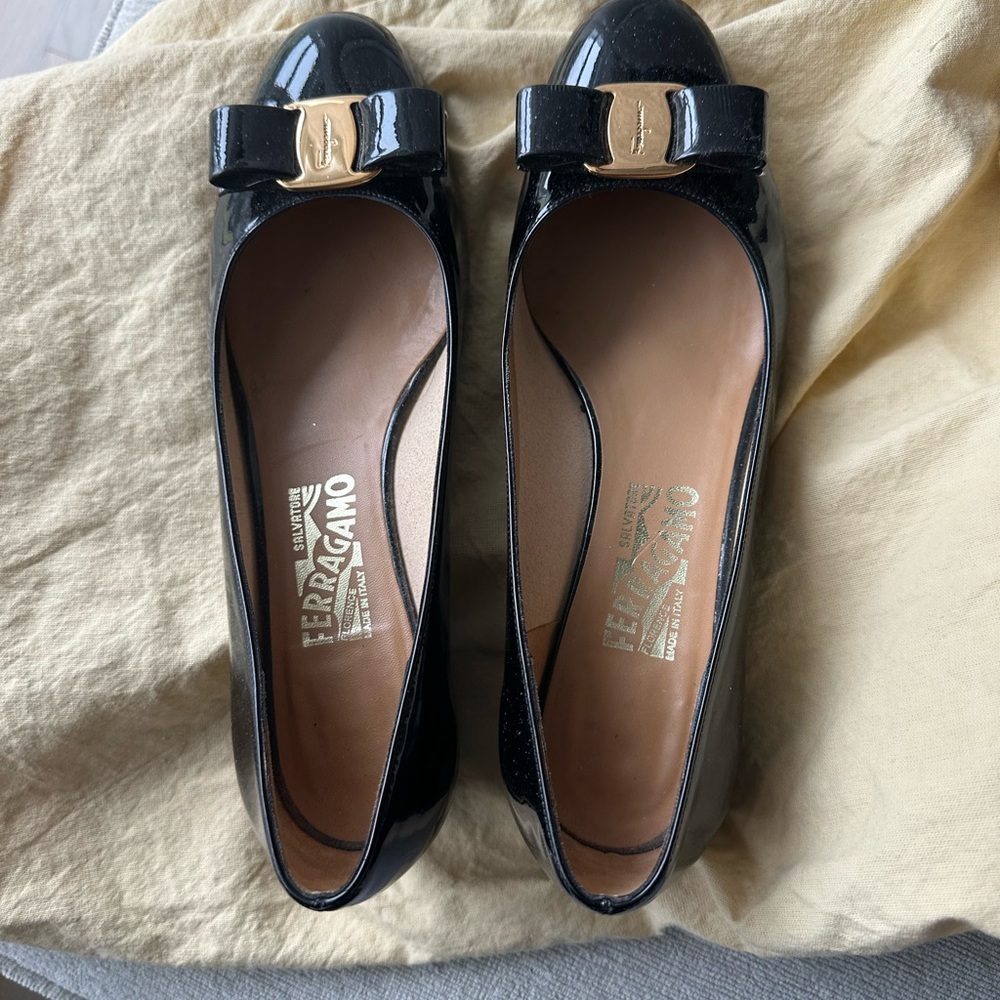 Salvatore Ferragamo Black Patent Leather Varina Bow Flats